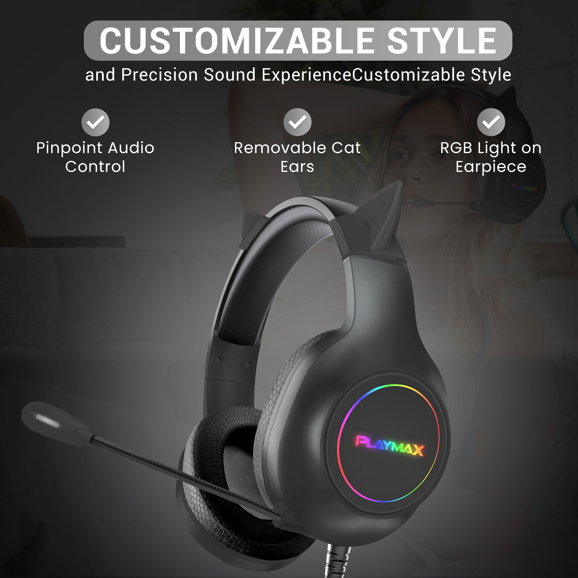 Playmax RGB Cat Ear Headset - Black