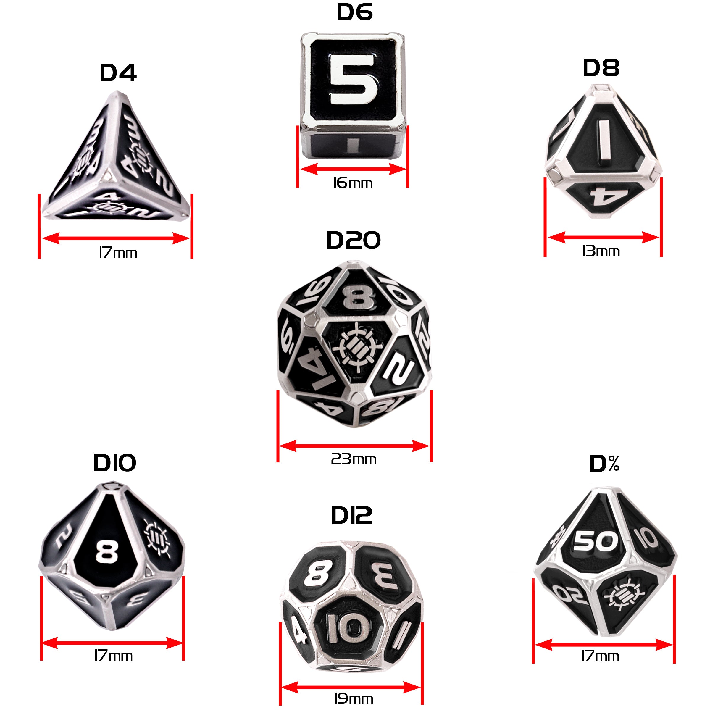 ENHANCE DnD 7pc Metal Dice with 2-in-1 Dice Bag/Tray (Collector Edition Black)