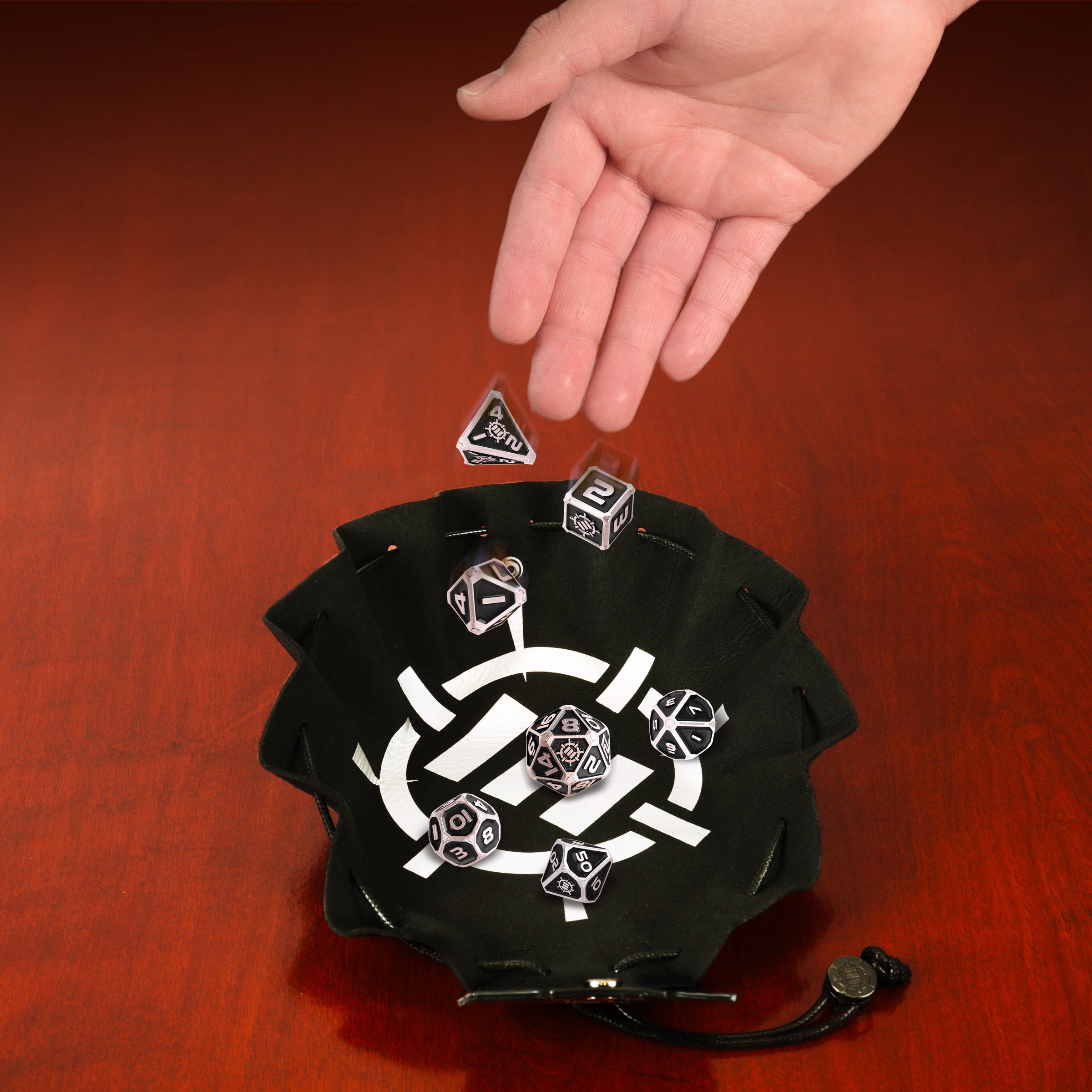ENHANCE DnD 7pc Metal Dice with 2-in-1 Dice Bag/Tray (Collector Edition Black)