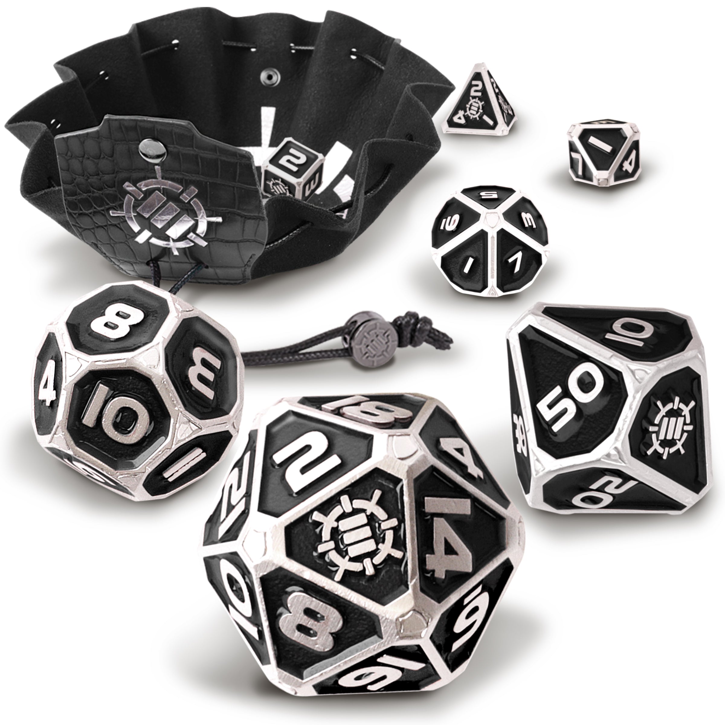 ENHANCE DnD 7pc Metal Dice with 2-in-1 Dice Bag/Tray (Collector Edition Black)