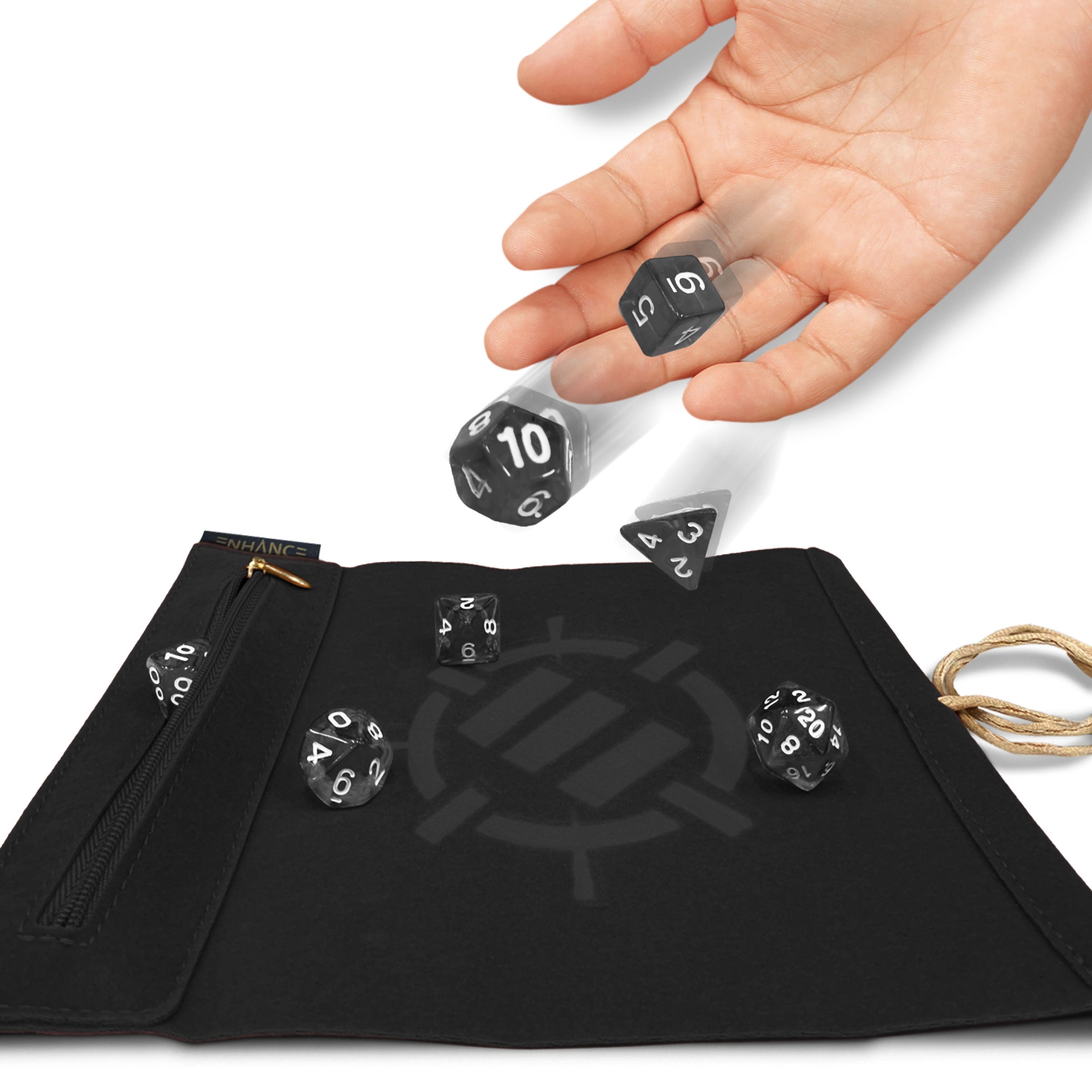 Enhance Tabletop Roll on a Scroll Dice Case and 7pc Acrylic Dice Set Black