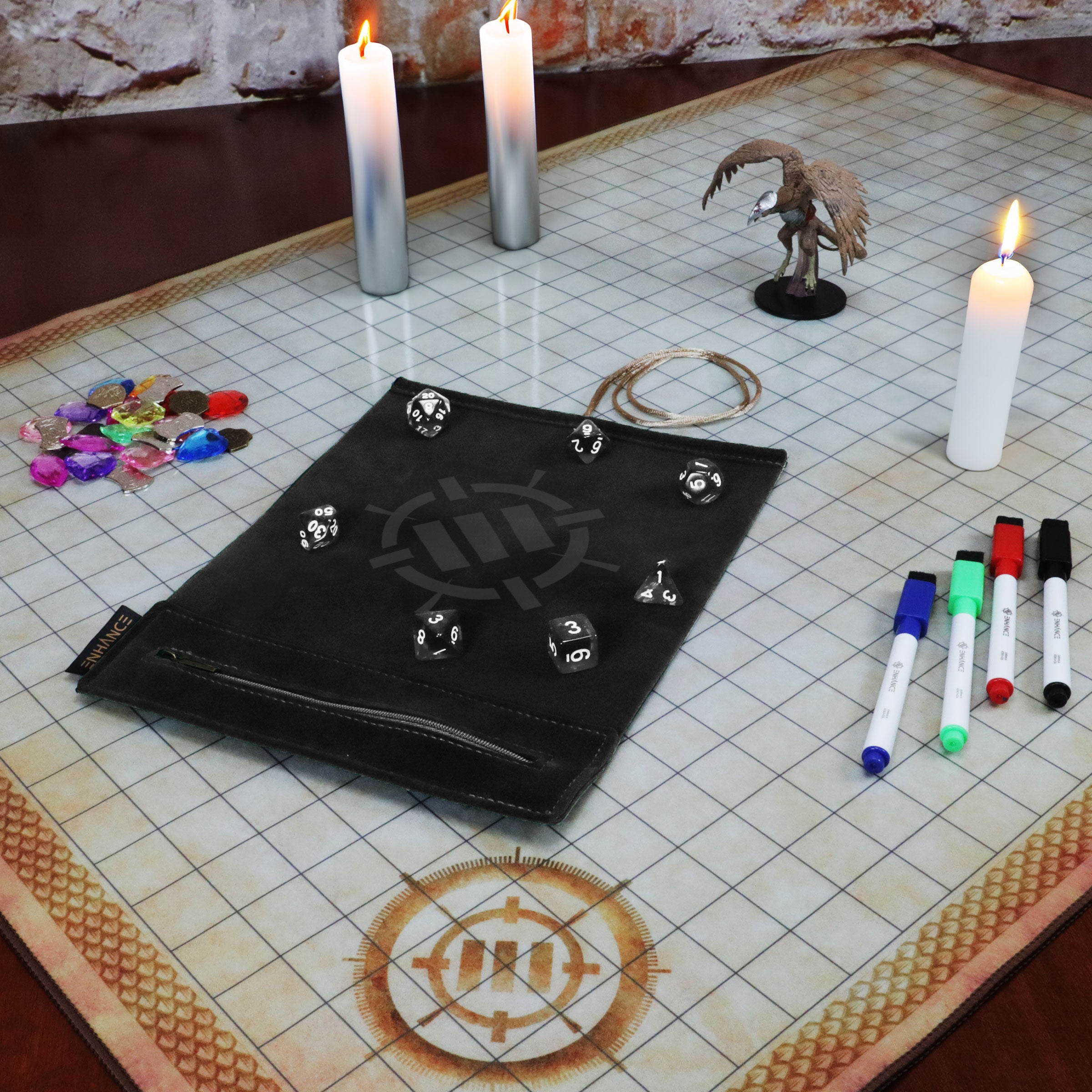 Enhance Tabletop Roll on a Scroll Dice Case and 7pc Acrylic Dice Set Black