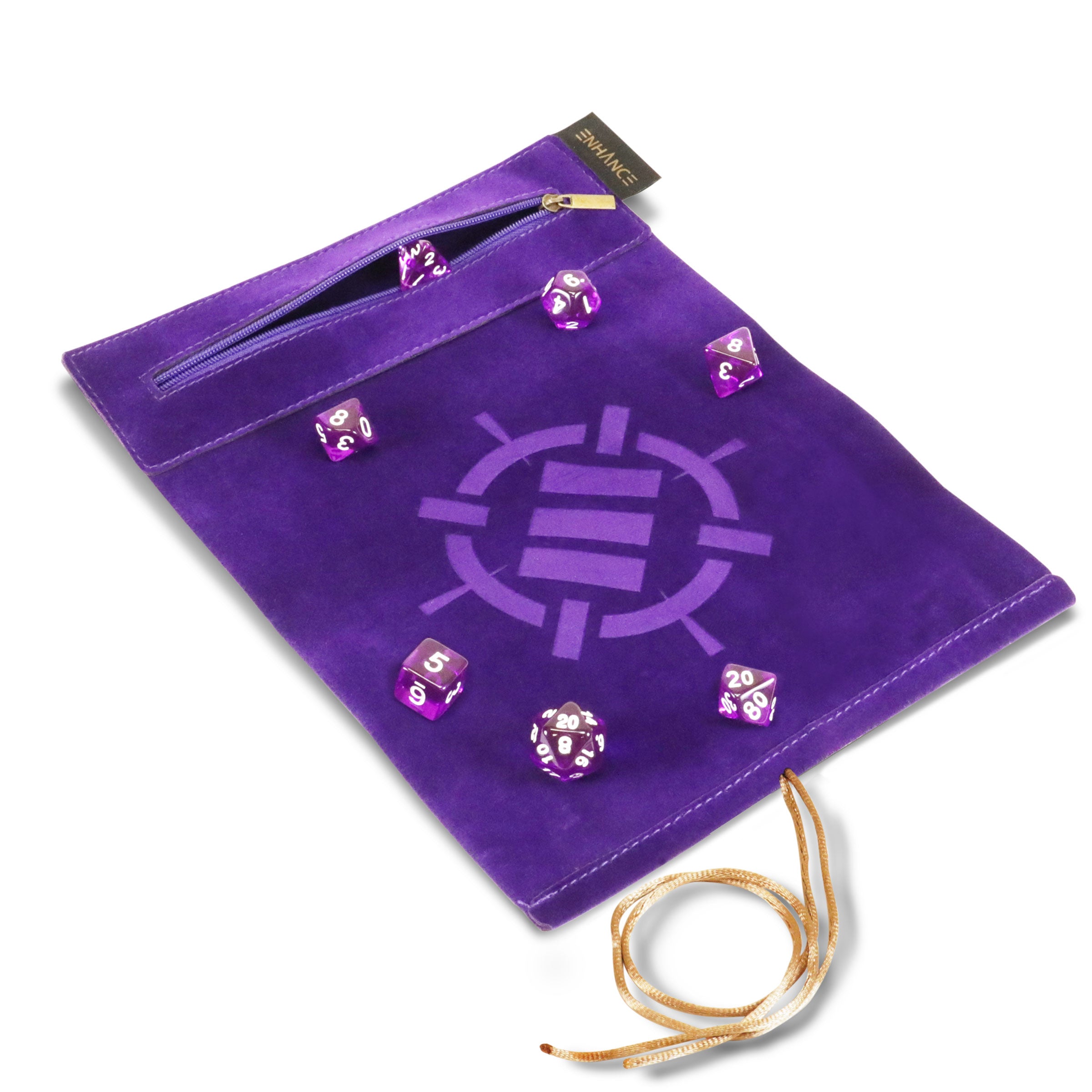 Enhance Tabletop Roll on a Scroll Dice Case and 7pc Acrylic Dice Set Purple