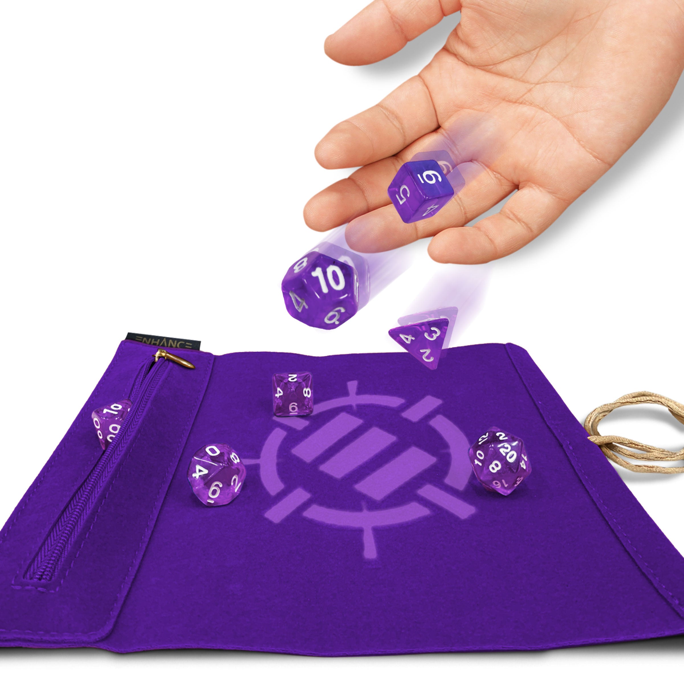 Enhance Tabletop Roll on a Scroll Dice Case and 7pc Acrylic Dice Set Purple