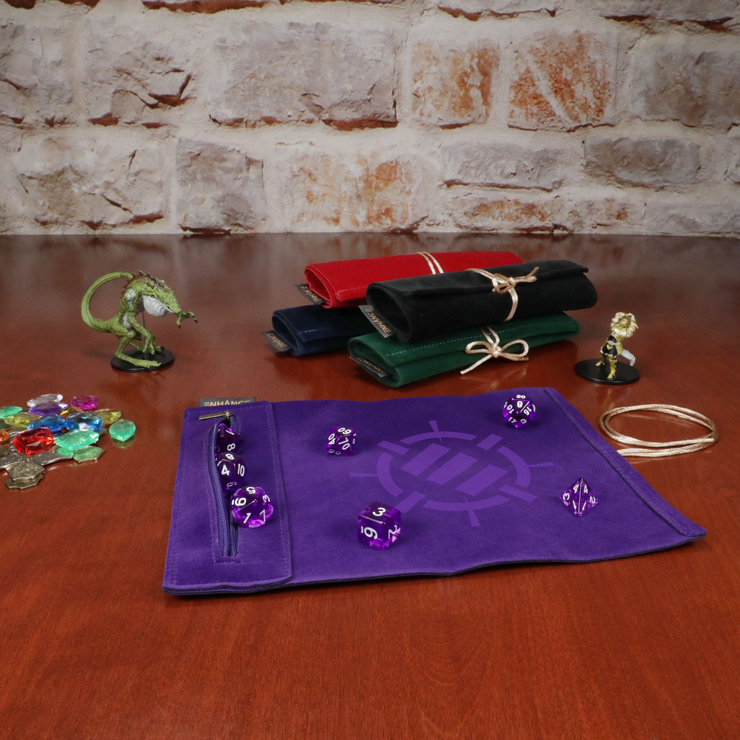 Enhance Tabletop Roll on a Scroll Dice Case and 7pc Acrylic Dice Set Purple
