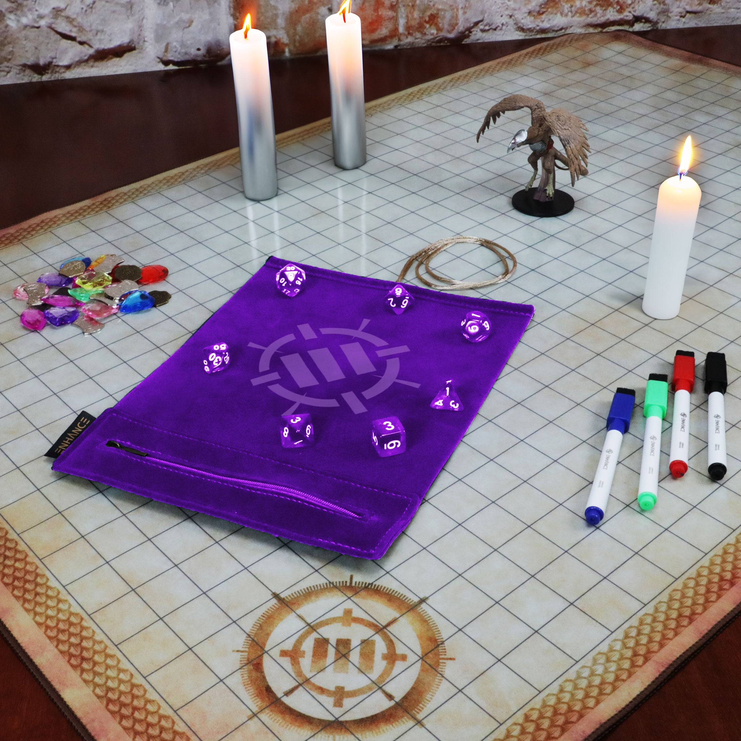 Enhance Tabletop Roll on a Scroll Dice Case and 7pc Acrylic Dice Set Purple