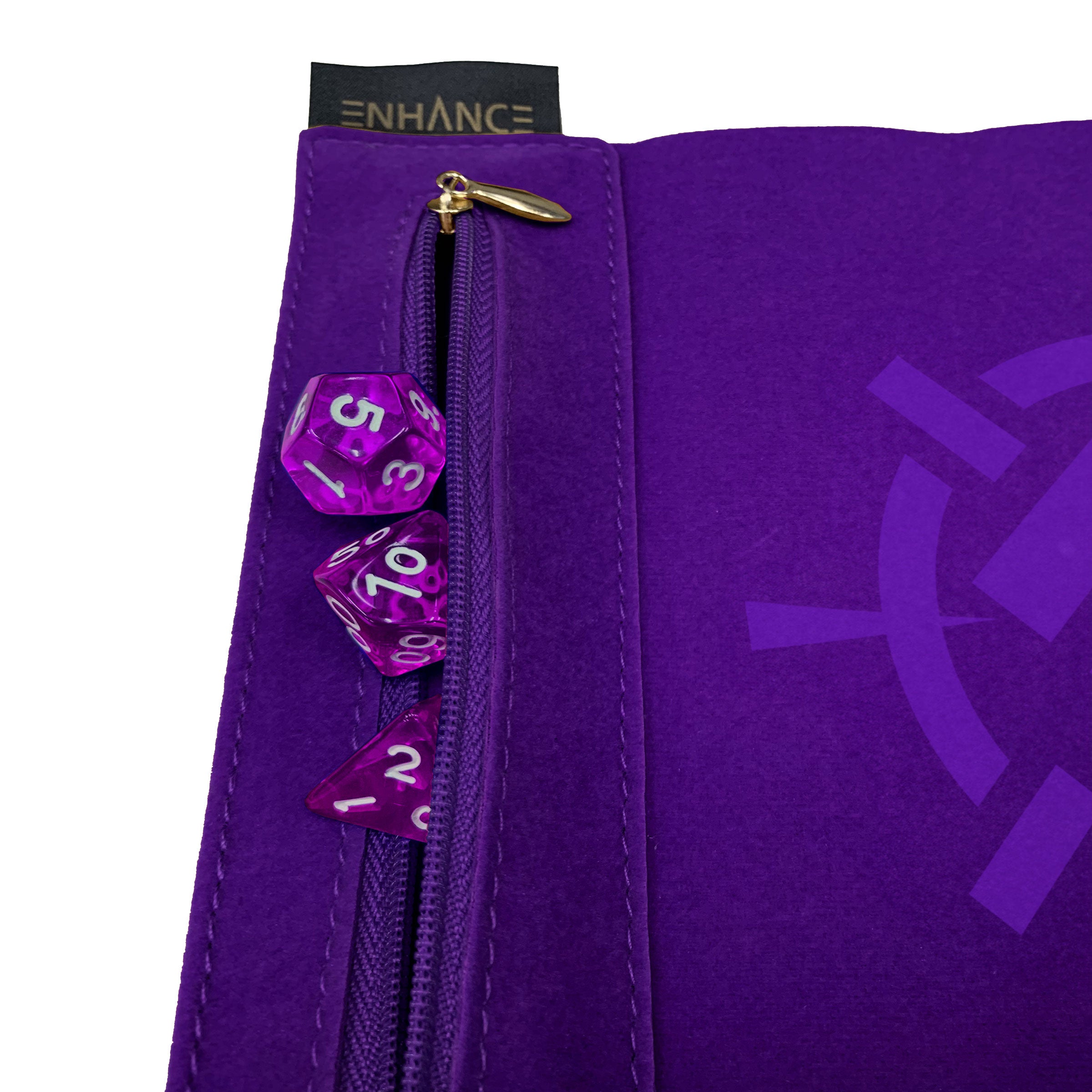Enhance Tabletop Roll on a Scroll Dice Case and 7pc Acrylic Dice Set Purple